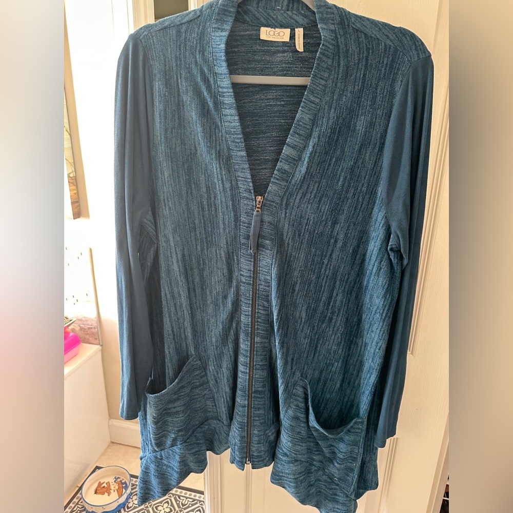 LOGO by Lori Blue Long Sleeve Cardigan with Pockets